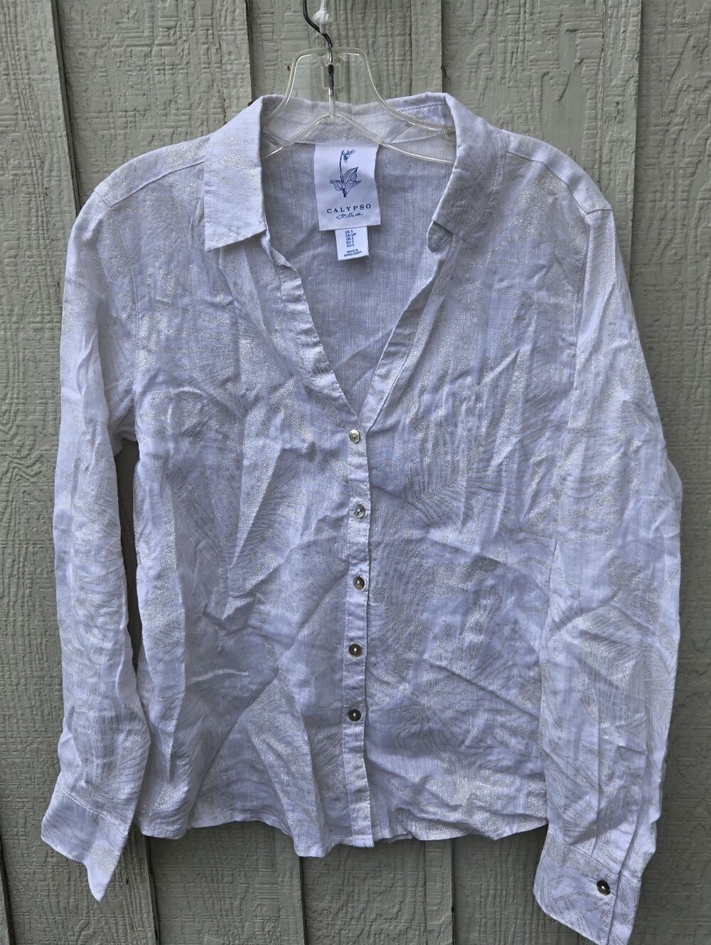 Calypso St. Barth White & Gold Metallic Palm Leaf Button Down Shirt